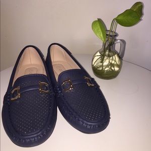 Leather Loafer Flats, Navy Blue and Gold, size 7